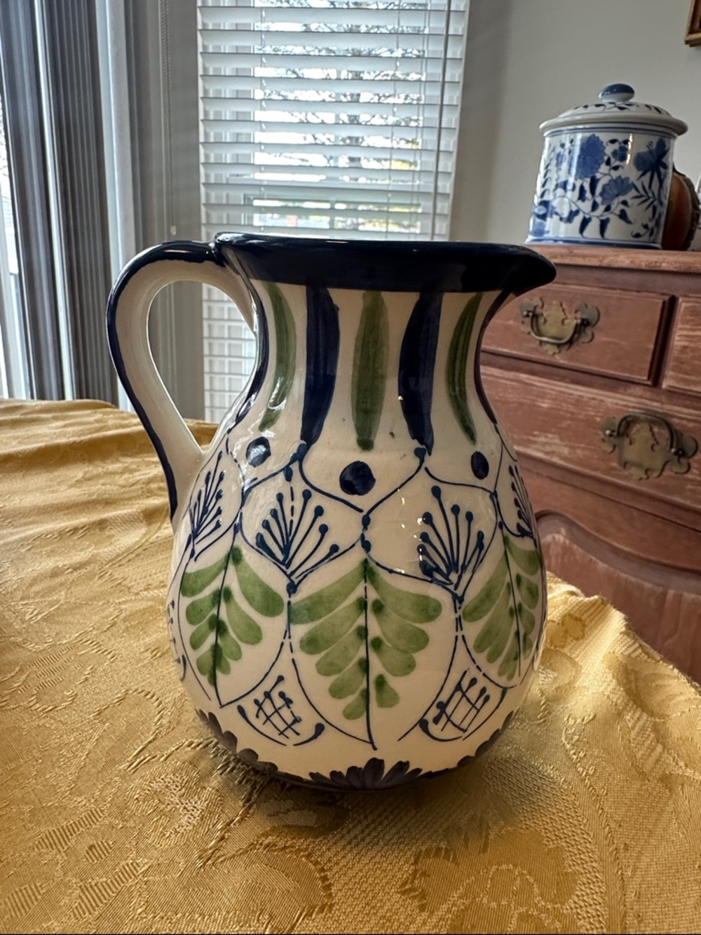 Hand-Painted Ceramic Pitcher in White, Blue and Green